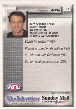 2003 Select The Advertiser-Sunday Mail AFL #21 Matthew Lappin Back